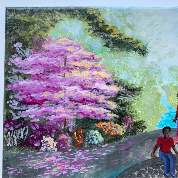 Original magical Garden painting colourful gloss varnished people bridge bunny - Picture 5 of 10